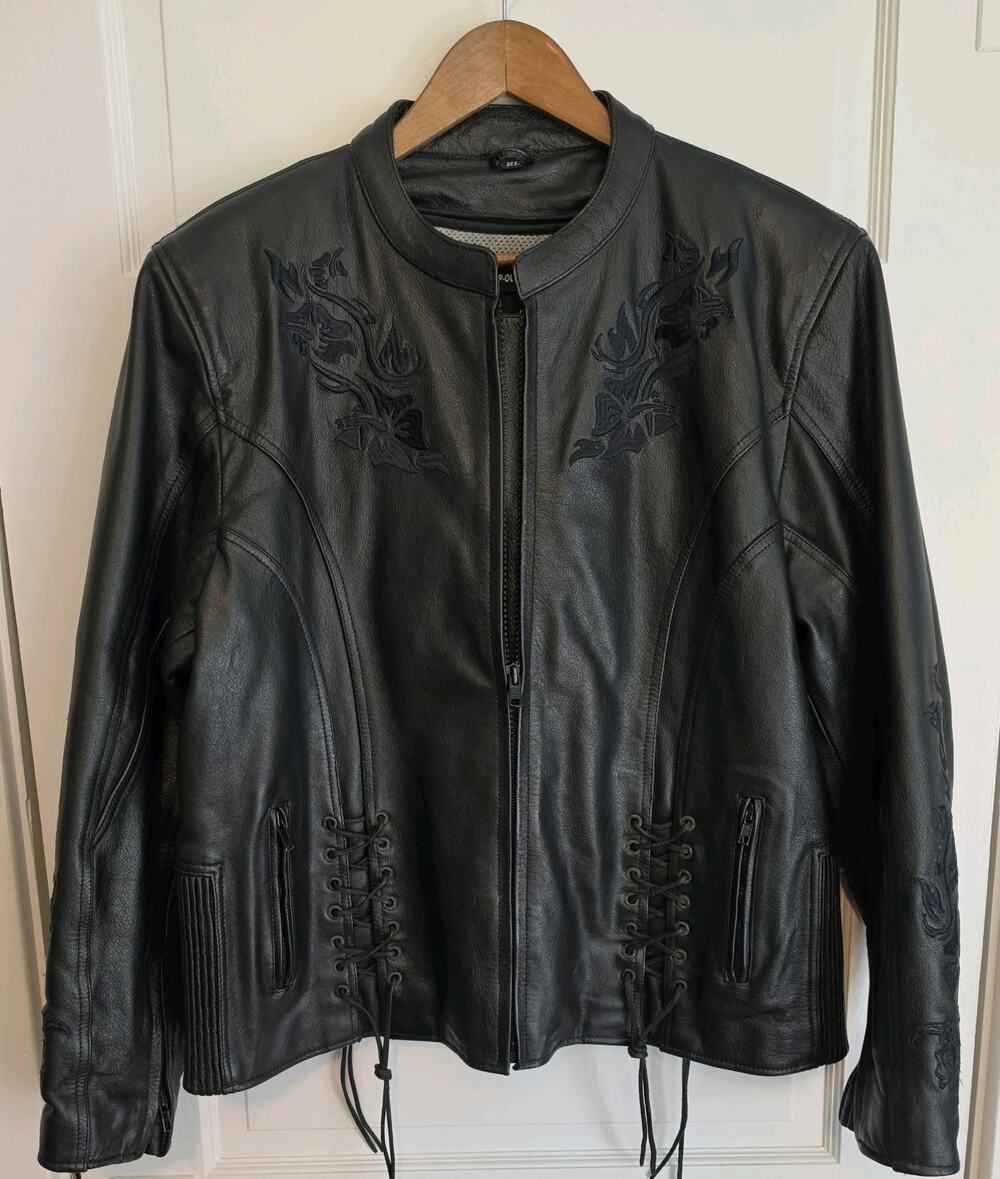 Xelement Genuine Leather Motorcycle Biker Embroidered Jacket, Women's Sz XL